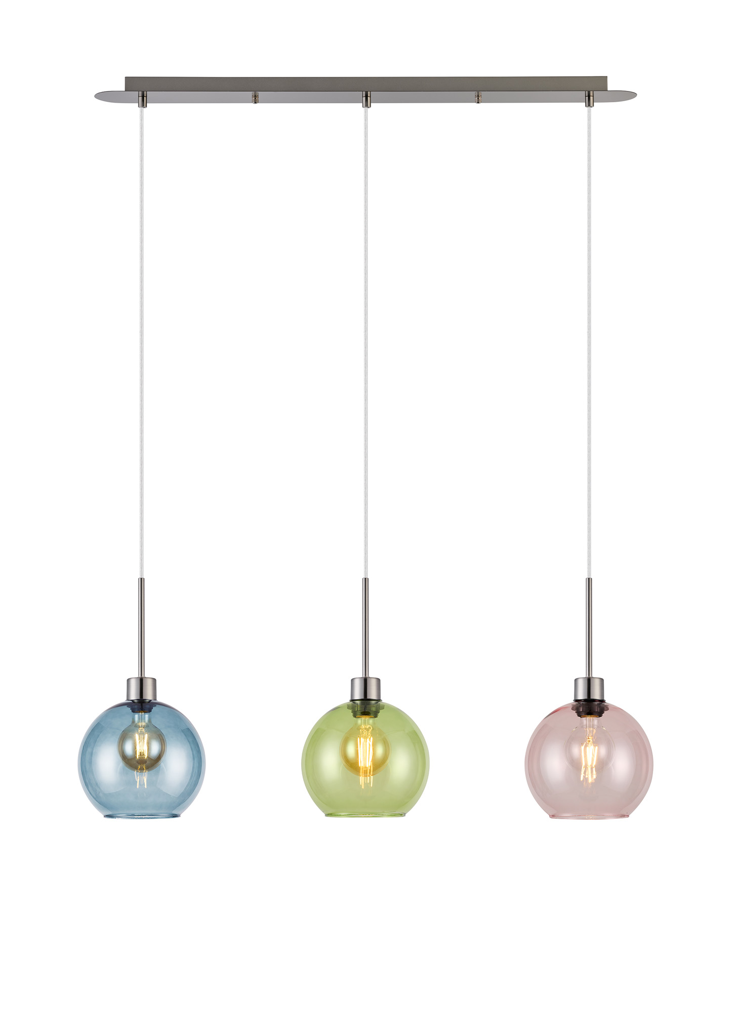 DK1396  Lori Linear Pendant, 3 Light Adjustable E27, Satin Nickel/Blue/Green/Pink Open Mouth Round Globe Shades